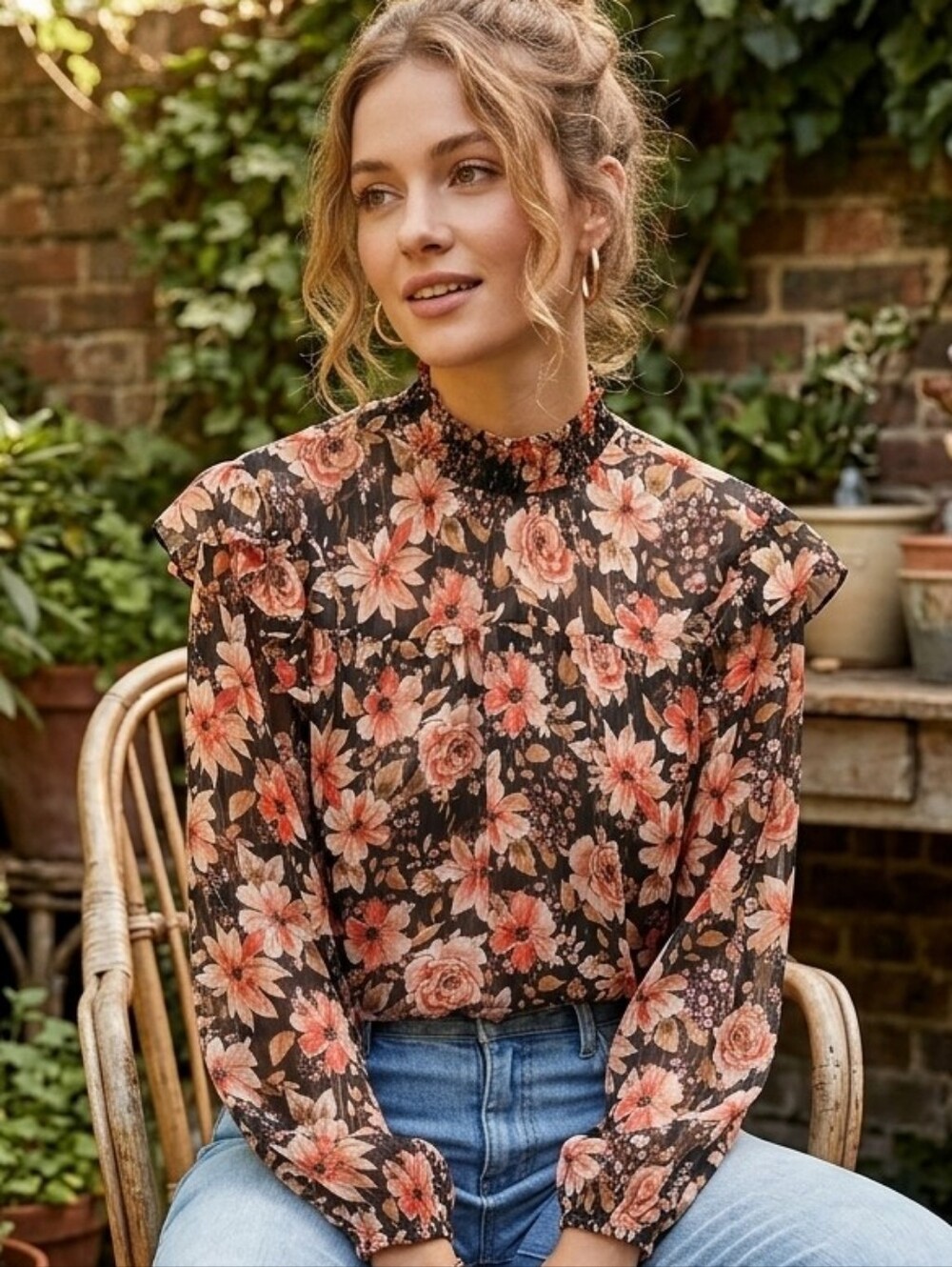Maurices Sheer High Neck Floral Top Womens Sz 1X Boho Cottagecore Whimsical